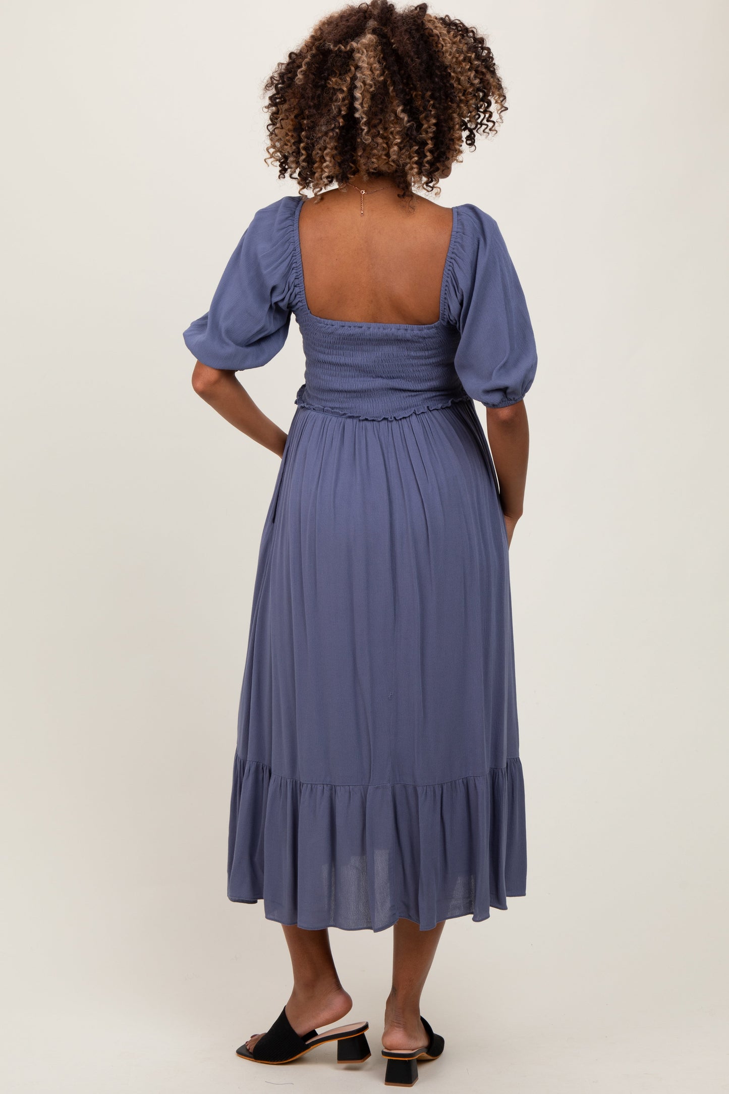 Blue Smocked Cinched Front Maternity Maxi Dress