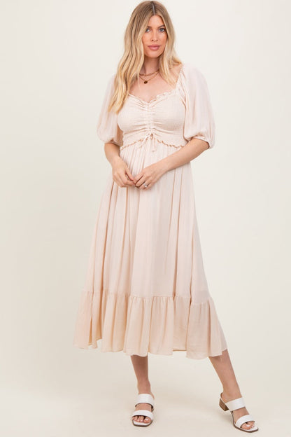 Taupe Smocked Cinched Front Maternity Maxi Dress
