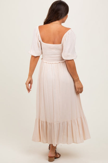 Taupe Smocked Cinched Front Maternity Maxi Dress