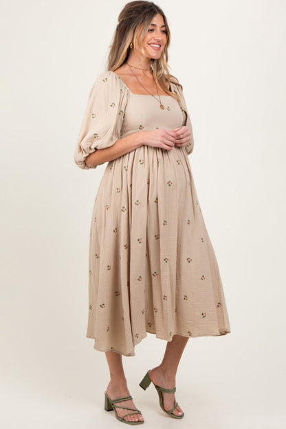 Taupe Floral Maternity Midi Dress