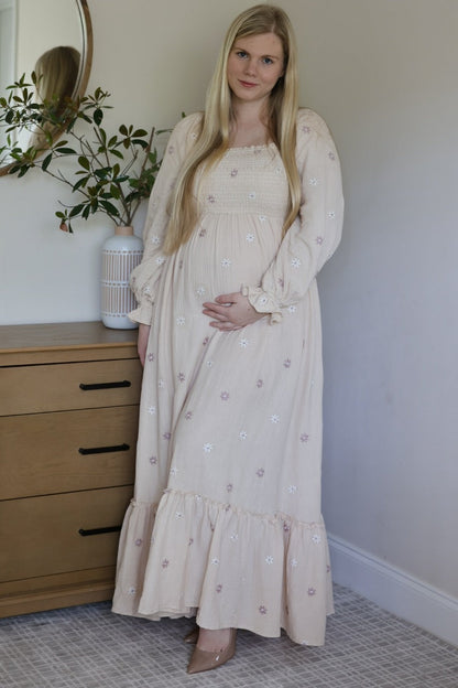 Cream Long Sleeve Floral Accent Maternity Dress