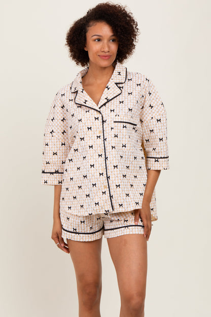 Cream Bow Print Gingham Pajama Short Maternity Set