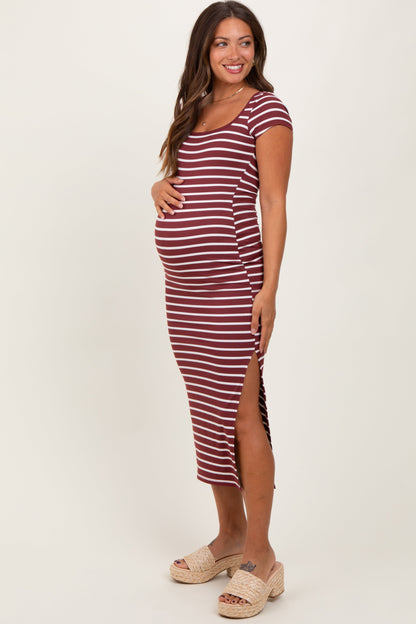 Burgundy Striped Short Sleeve Side Slit Maternity Maxi Dress