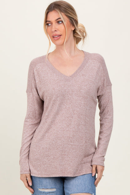 Beige Basic V-Neck Long Sleeve Brushed Knit Maternity Top