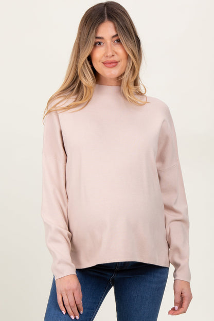 Beige Relaxed Fit Mock Neck Maternity Sweater