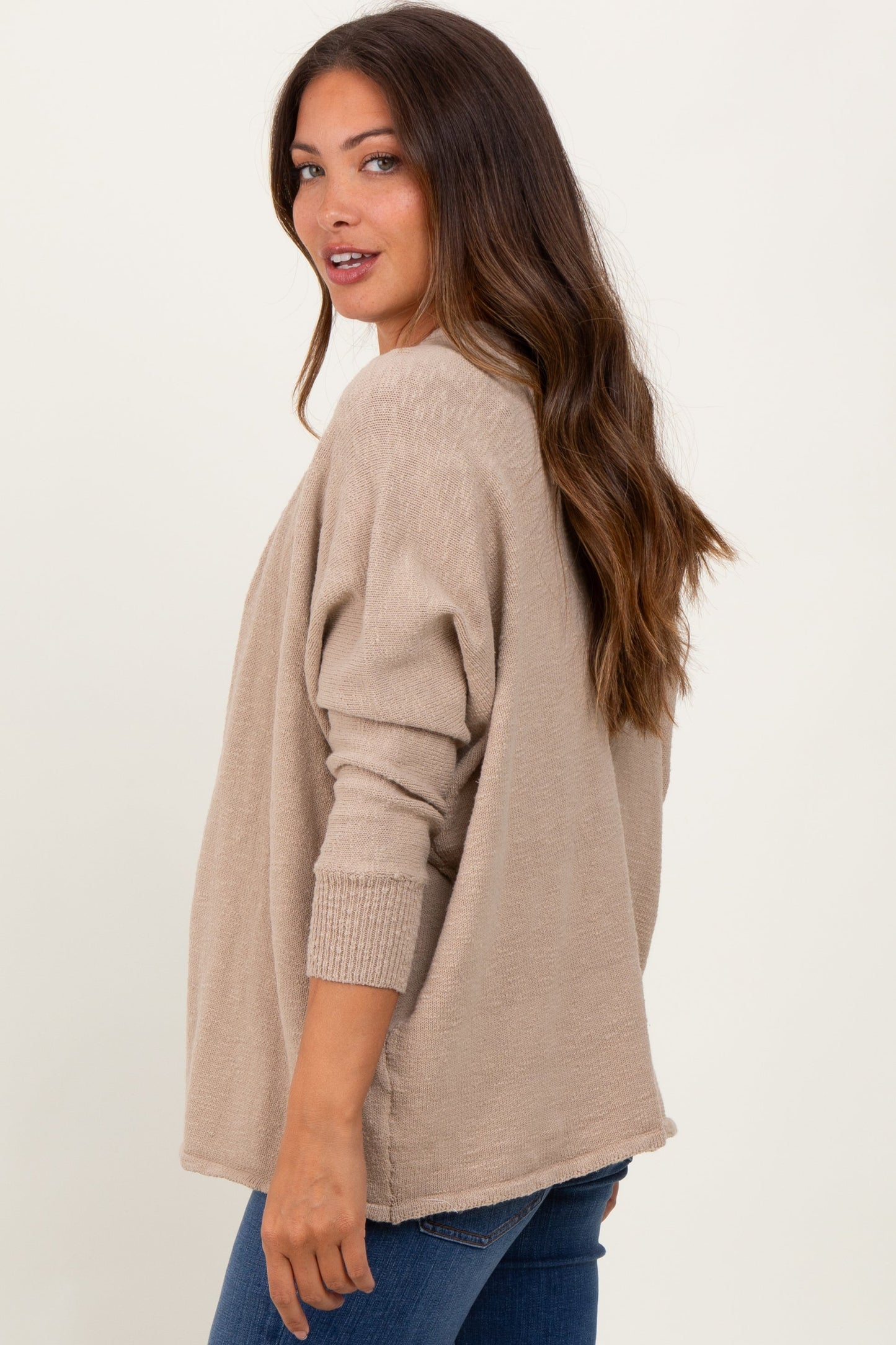 Taupe Slub Knit Open Maternity Cardigan