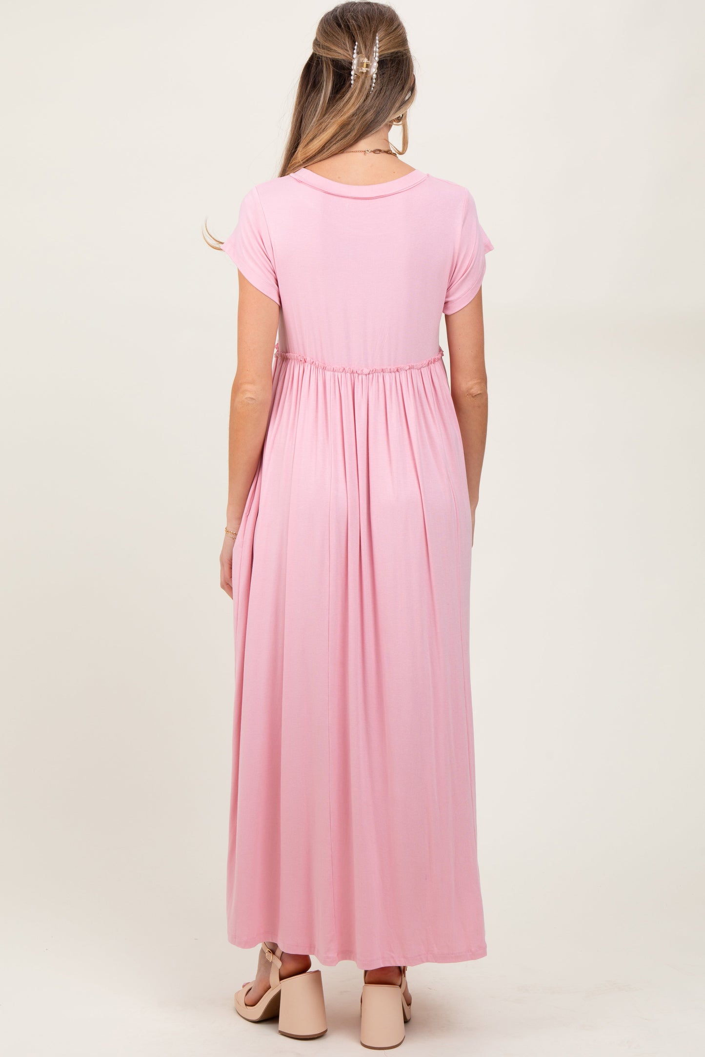 Light Pink Short Sleeve Pocketed Maternity Maxi Dress