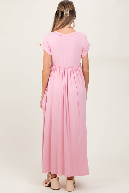 Light Pink Short Sleeve Pocketed Maternity Maxi Dress
