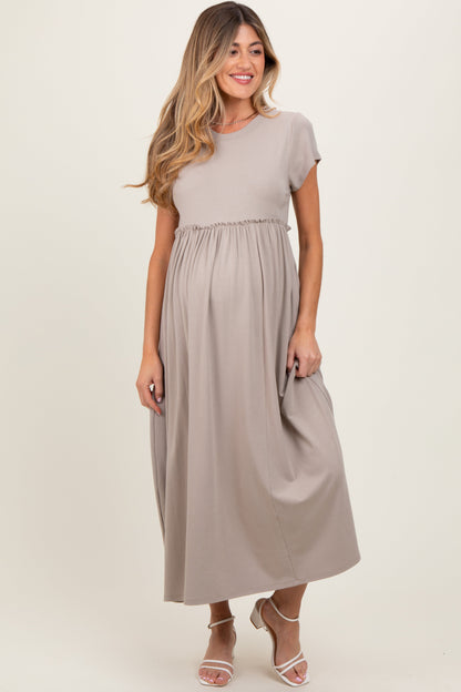 Taupe Ruffle Trim Maternity Maxi Dress