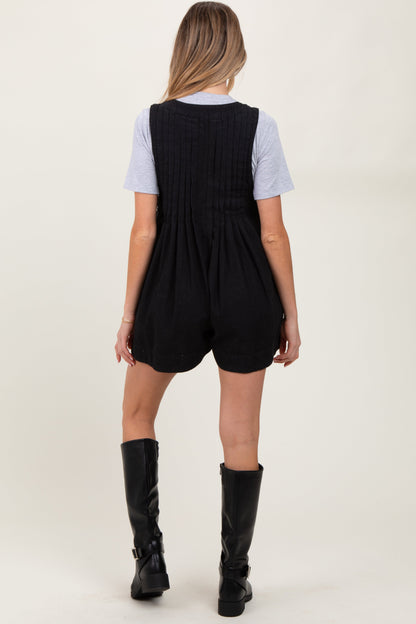 Black Deep V-Neck Pleated Front Tie Sleeveless Maternity Romper