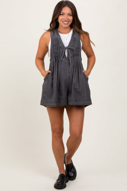 Charcoal Deep V-Neck Pleated Front Tie Sleeveless Maternity Romper