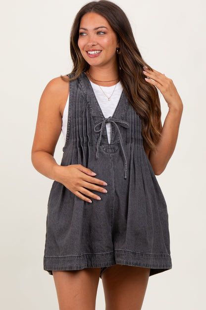 Charcoal Deep V-Neck Pleated Front Tie Sleeveless Maternity Romper