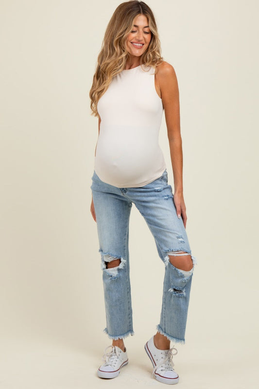 Light Blue Ripped Knee Fringe Hem Straight Leg Maternity Ankle Jeans