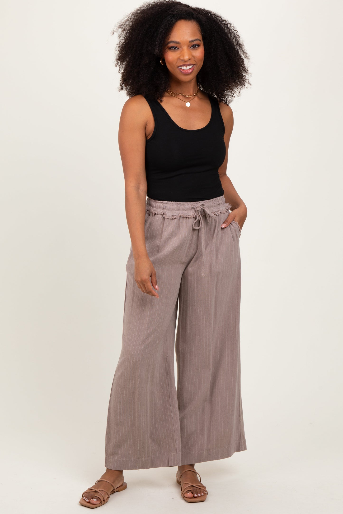 Mocha Striped Drawstring Linen Blend Maternity Wide Leg Pants