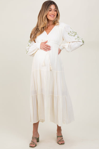 Cream Embroidered Long Sleeve Maternity Maxi Dress