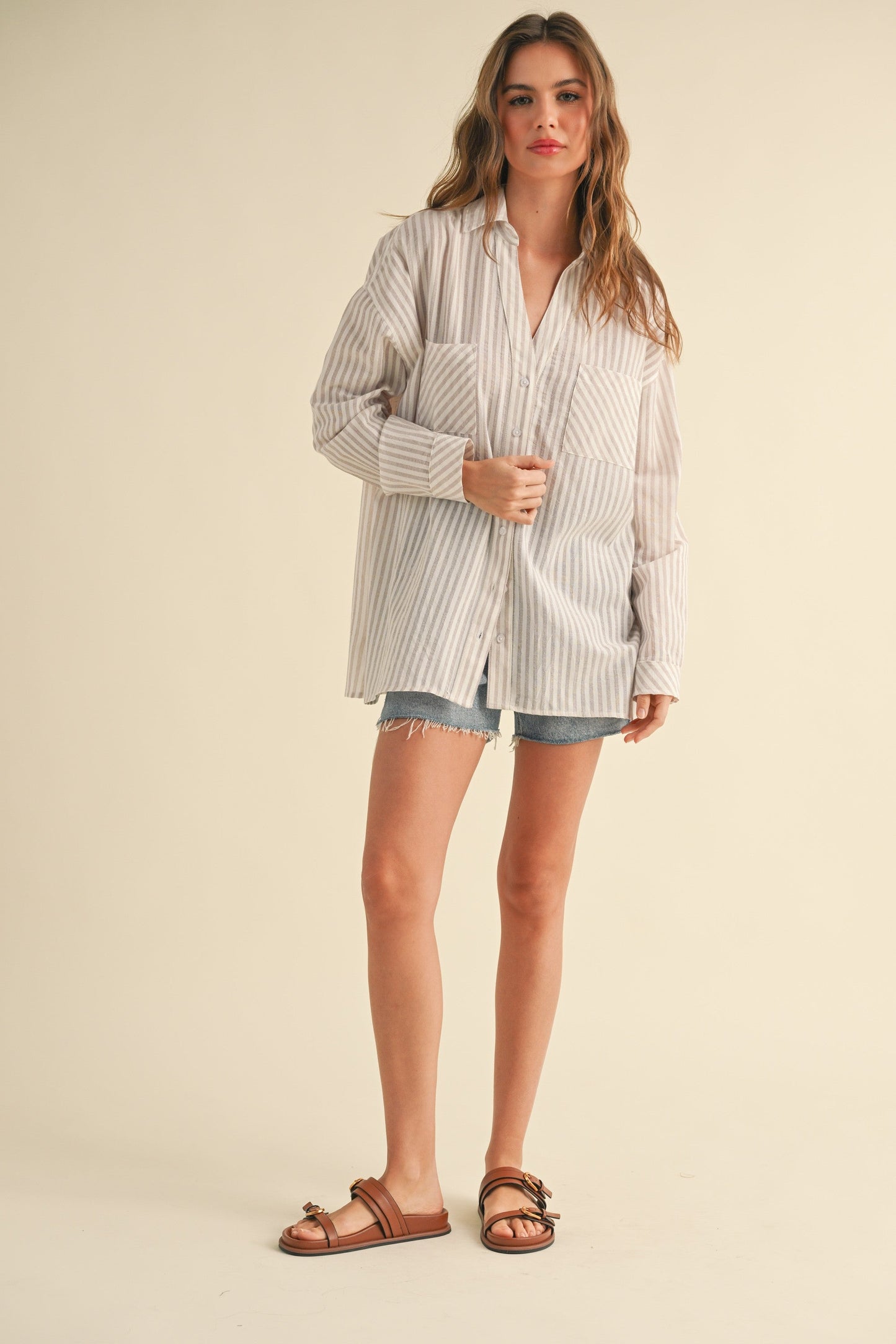 Beige Striped Double Pocket Maternity Button Down Top