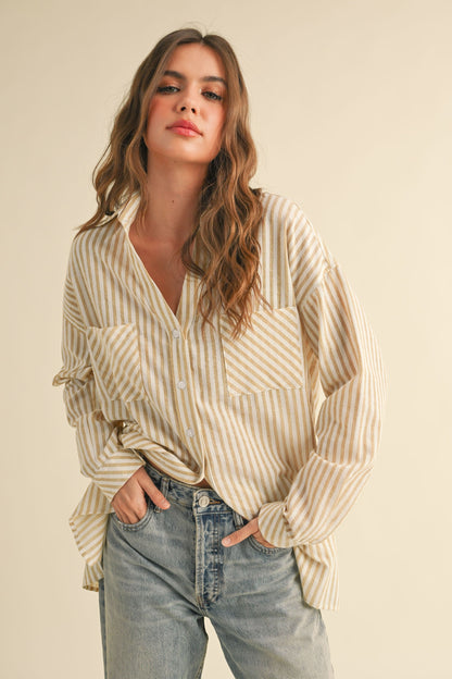 Dark Yellow Striped Double Pocket Maternity Button Down Top