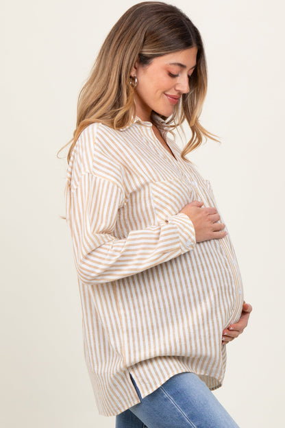 Dark Yellow Striped Double Pocket Maternity Button Down Top