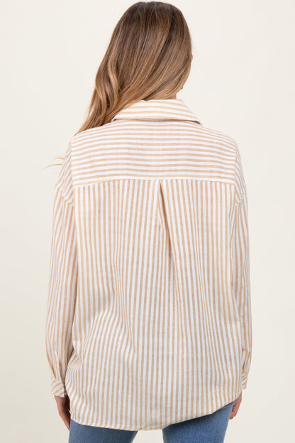 Dark Yellow Striped Double Pocket Maternity Button Down Top