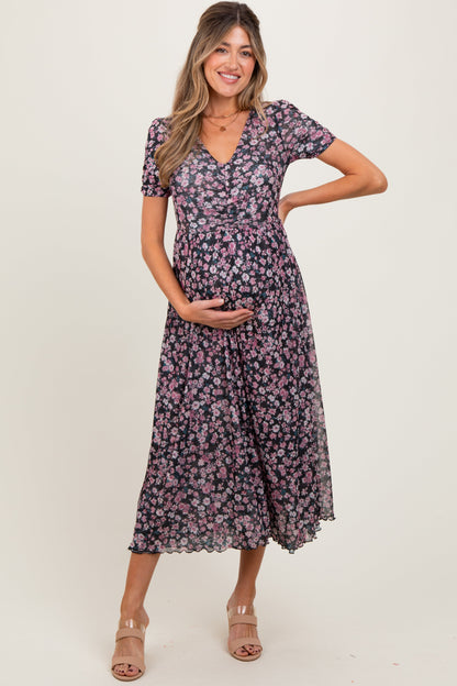 Black Floral Reversible Front Cinched Maternity Midi Dress