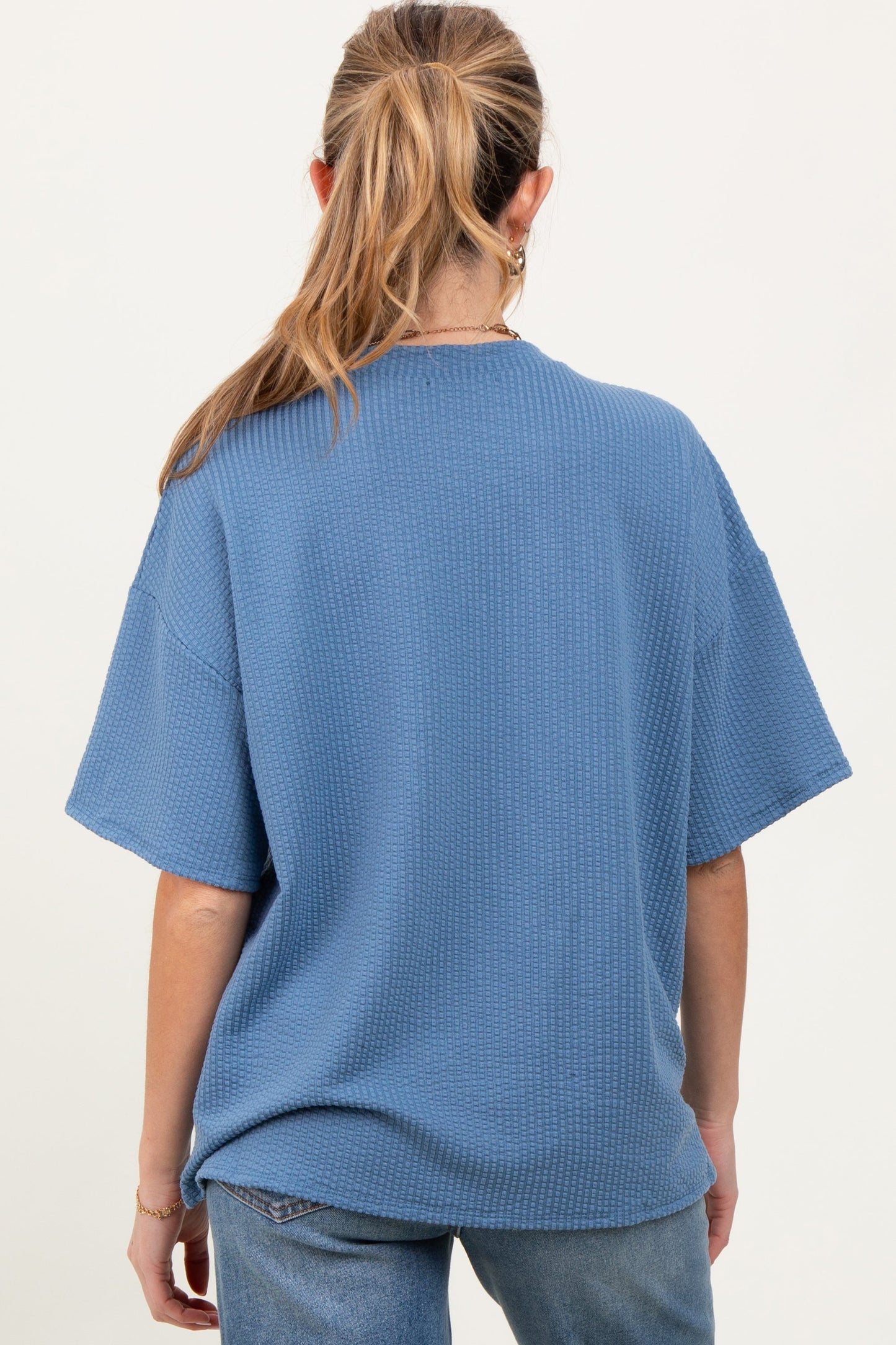 Blue Ribbed Short Sleeve Maternity Top