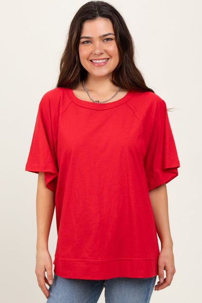 Red Oversized Raw Hem Short Sleeve Maternity Tee