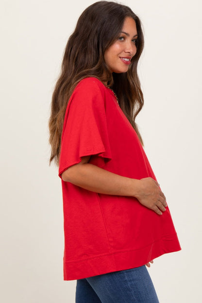 Red Oversized Raw Hem Short Sleeve Maternity Tee