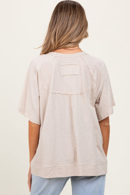 Beige Oversized Raw Hem Short Sleeve Maternity Tee