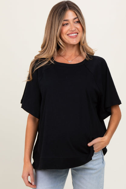 Black Oversized Raw Hem Short Sleeve Maternity Tee