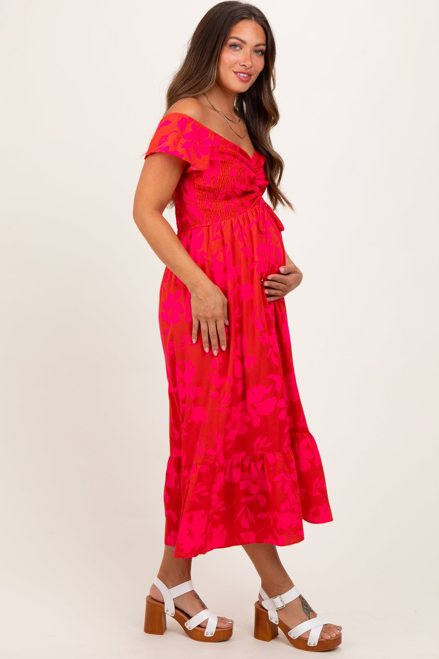 Red Multi Smocked Top Maternity Maxi Dress