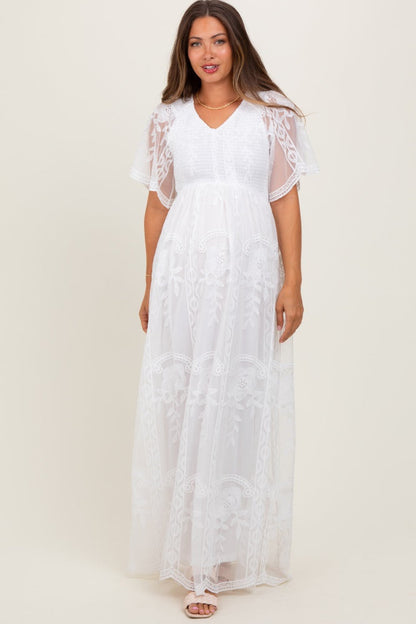 White Smocked Top Lace Maternity Maxi Dress