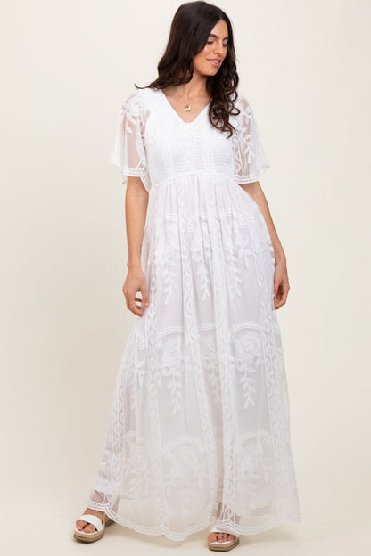 White Smocked Top Lace Maternity Maxi Dress