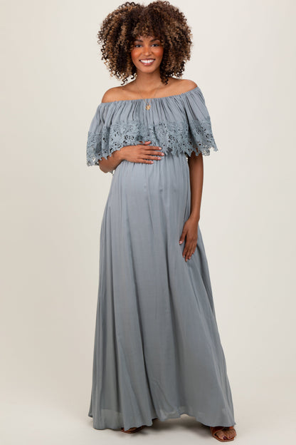 Sage Lace Off Shoulder Maternity Maxi Dress