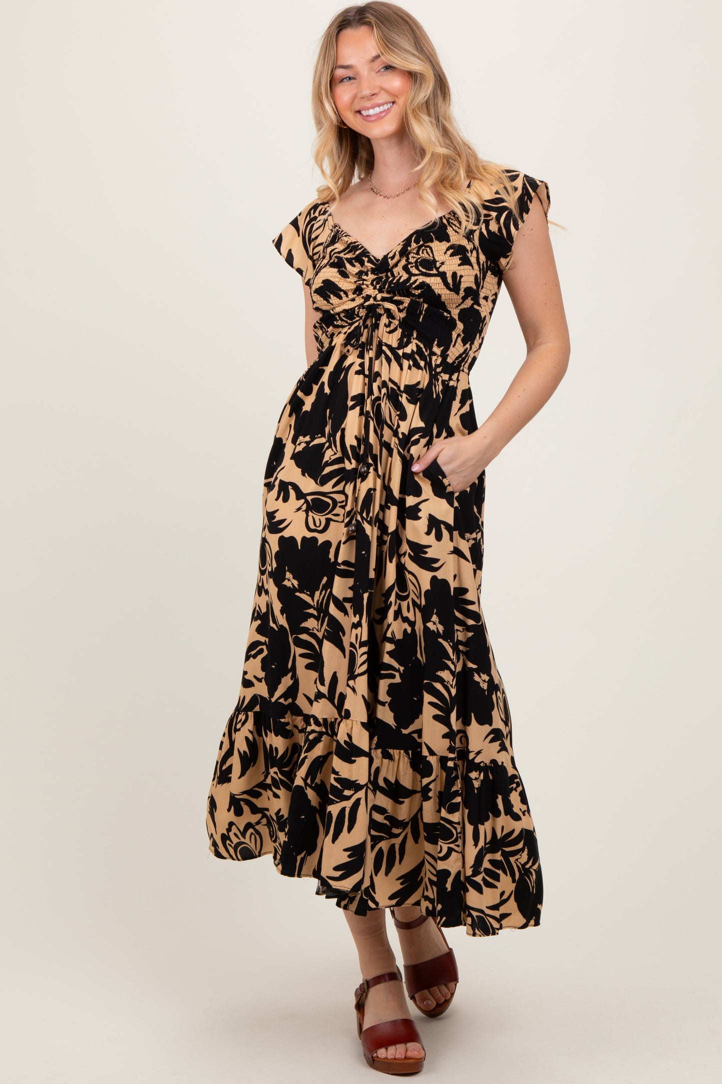 Black Mocha Smocked Top Maternity Midi Dress