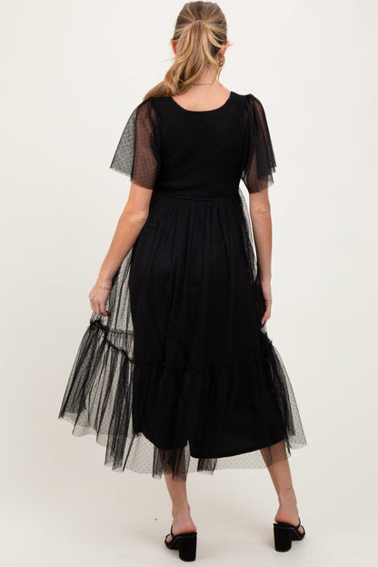 Black Dotted Tulle Smocked Maternity Midi Dress