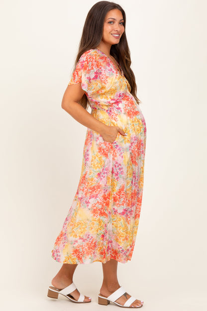 Yellow Mix Textured Floral Gathered V Neck Maternity Dress