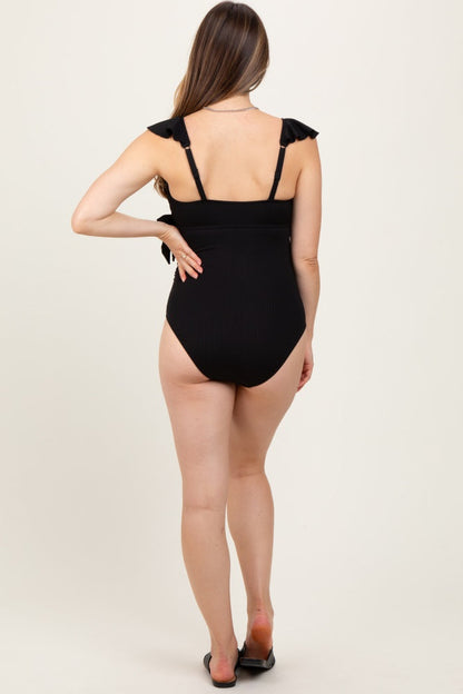 Black Rib Ruffle V Neck Side Tie Knot Maternity Swimsuit