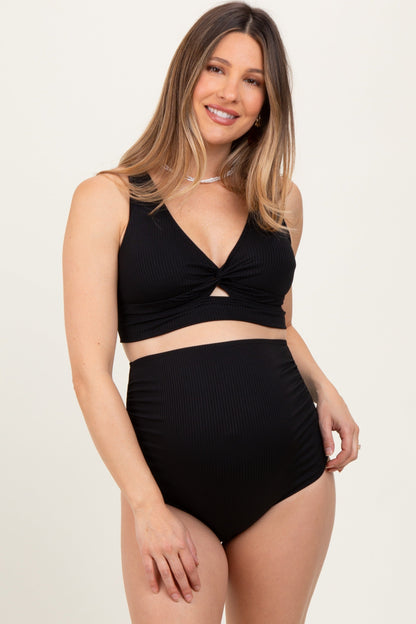 Black Ribbed Twist Cutout Front Maternity Swim Set