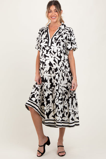 Black Botanical Print A Line Tiered Maternity Dress