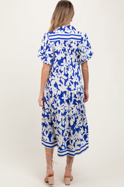 Blue Botanical Print A Line Tiered Maternity Dress