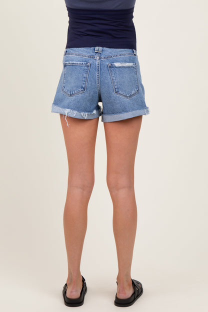 Blue High Rise Cuffed Maternity Denim Shorts