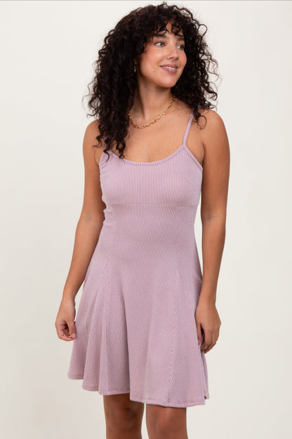 Mauve Solid Ribbed Knitted Adjustable Strap Sleeveless Maternity Mini Dress