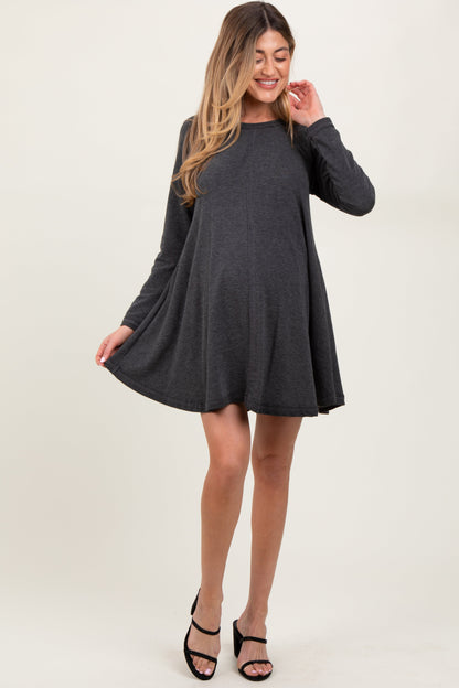 Charcoal Crew Neck Flared Fit Long Sleeve Maternity Mini Dress
