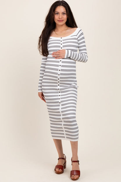 White Striped Ribbed Button Accent Off Shoulder Maternity Dress