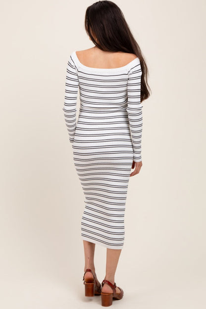 White Striped Ribbed Button Accent Off Shoulder Maternity Dress