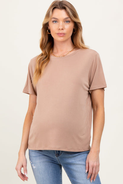 Taupe Basic Round Neck Short Sleeve Maternity T-Shirt