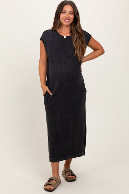 Black Casual Sleeveless Pocketed Maternity Midi Dress