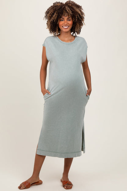 Sage Casual Sleeveless Pocketed Maternity Midi Dress