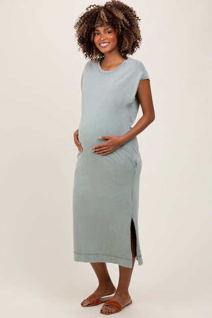 Sage Casual Sleeveless Pocketed Maternity Midi Dress