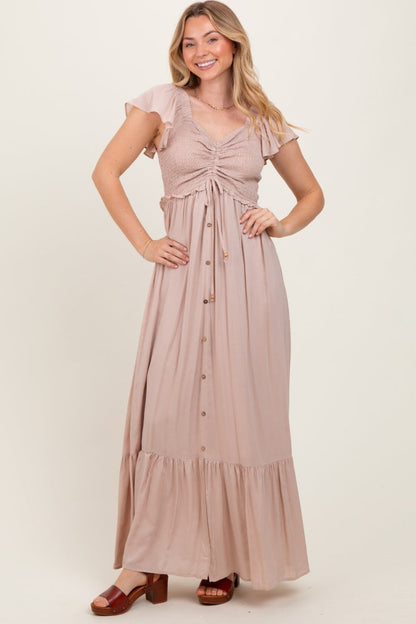 Taupe Smocked Top Woven Maternity Maxi Dress